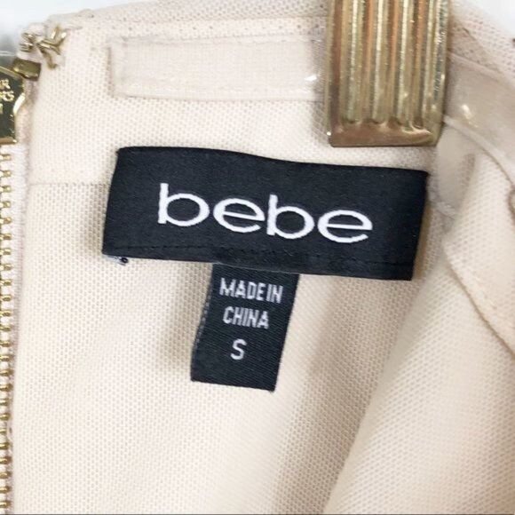 Bebe Beige Mesh Gold Studs Strapless Dress New Years Eve Wedding Date Size Small - Picture 4 of 7